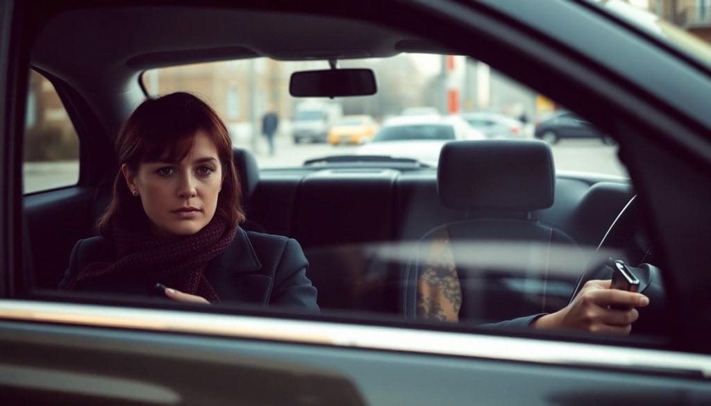woman sitting in a taxi navigating the driver